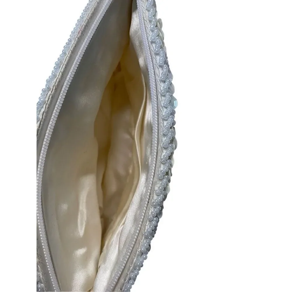 Vintage Ivory Beaded Sequin Clutch Bridal Purse 80s Formal Small Handbag Wedding